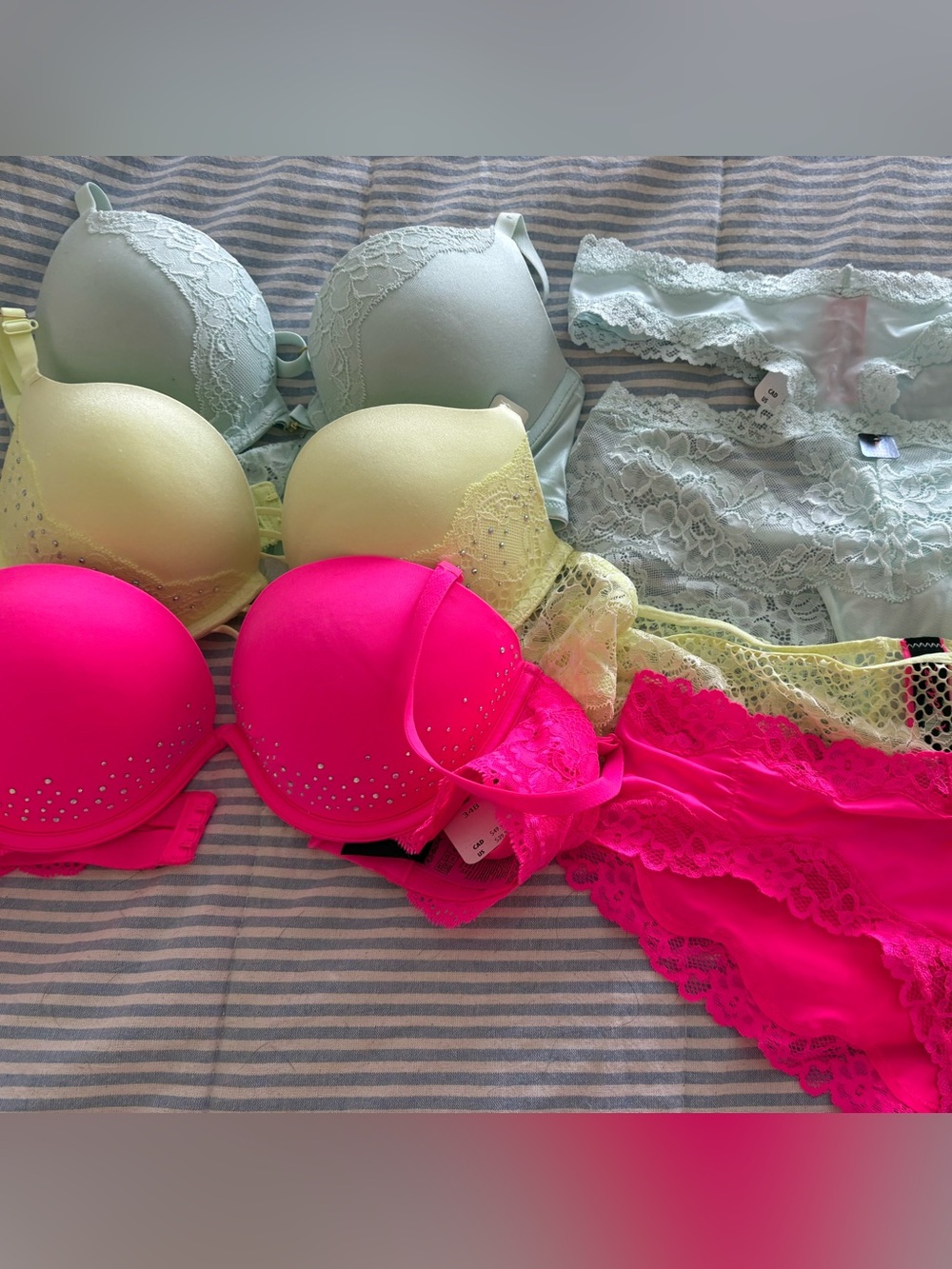 La SENZA Hot Pink, Pale Yellow & Mint Lace Bra Set 7 piece set